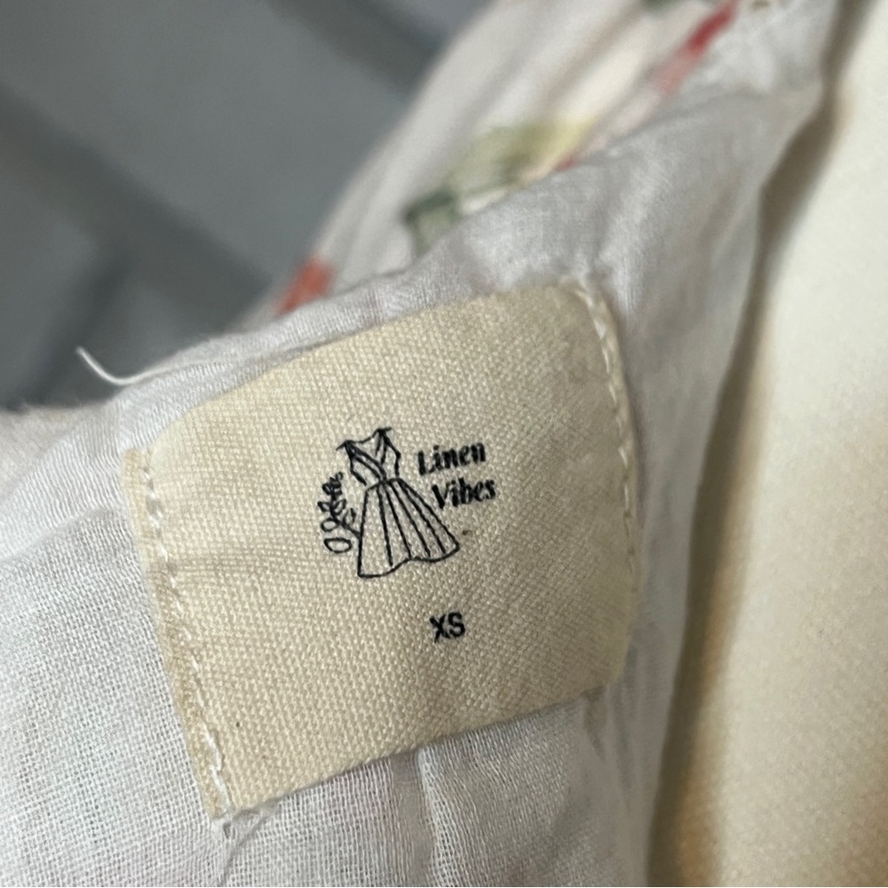 Linen Vibes Floral Tie-Waist Maxi Dress in Cream and Coral Lace Hem Size XS - Picture 10 of 13